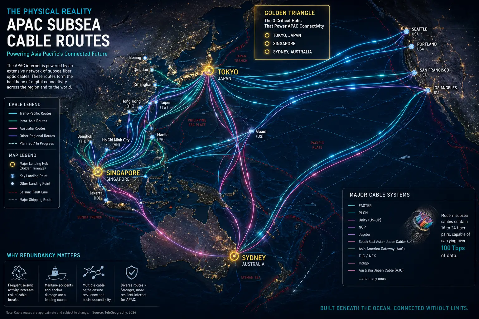 Map of major trans-Pacific and intra-Asia subsea fiber optic cables connecting the Golden Triangle hubs of Tokyo, Singapore, and Sydney